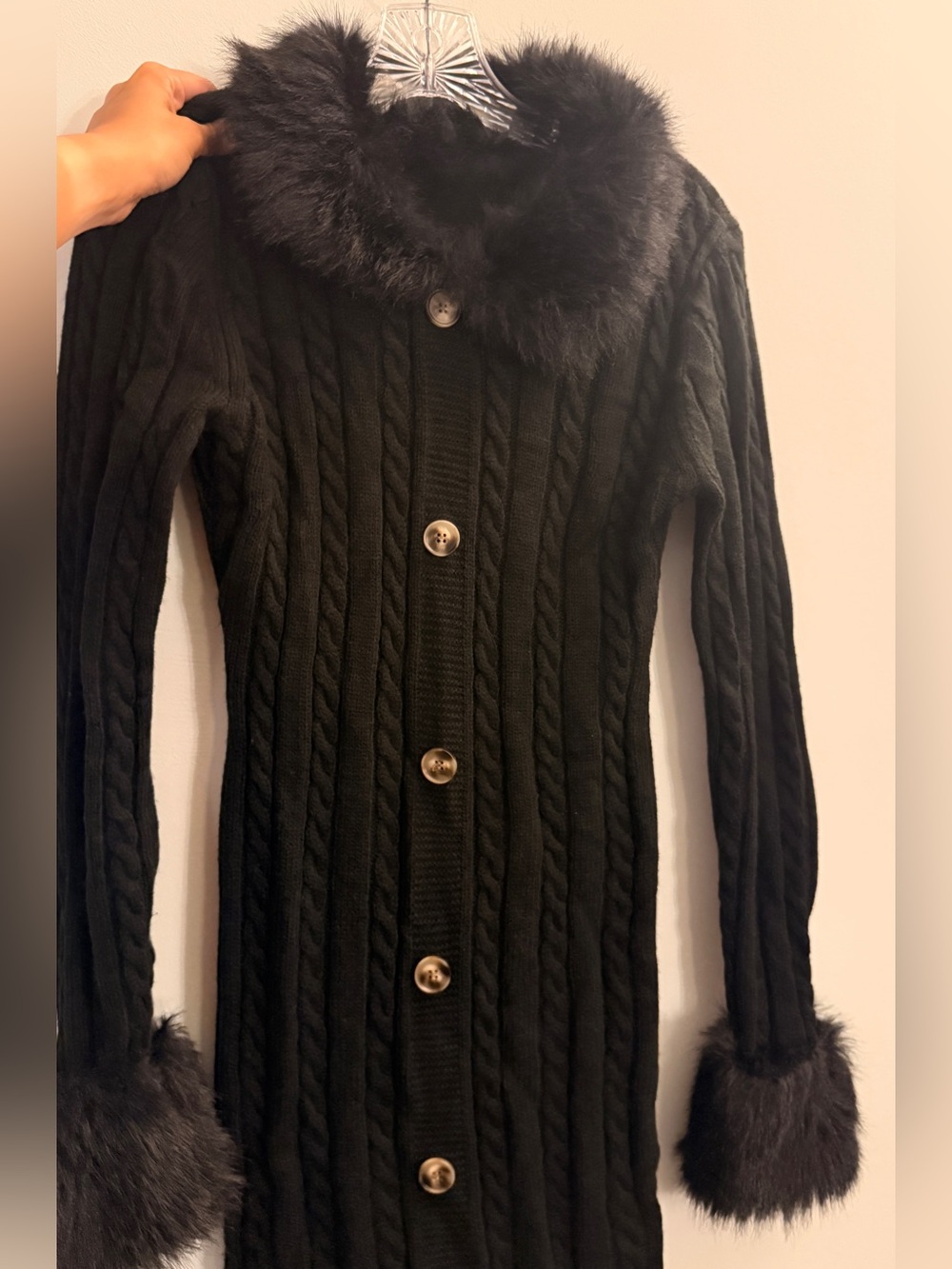 Black Cable-Knit Long Sweater Dress with Faux Fur - Picture 6 of 6